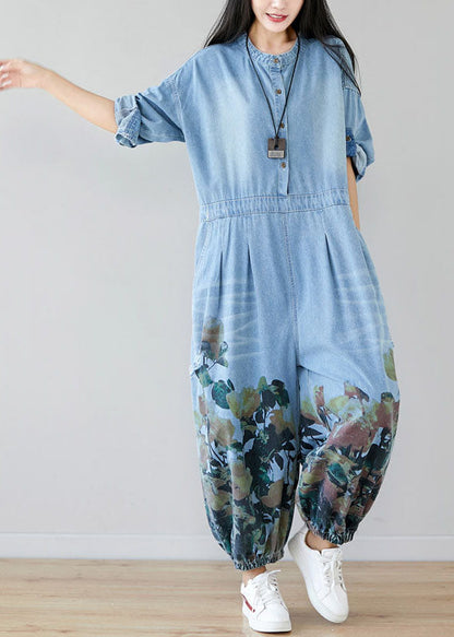 Light Blue Pockets O-neck Print Denim Jumpsuit Spring