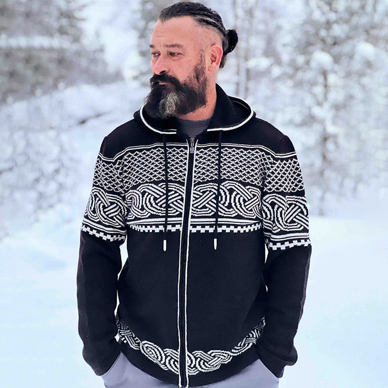 Men's Viking Art Jacquard Knitting Hooded Cardigan elevenforest