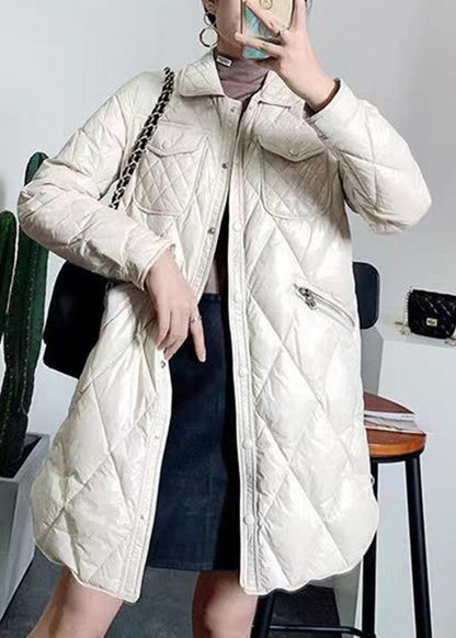 Beige Peter Pan Collar Pockets Patchwork Duck Down Coat Winter