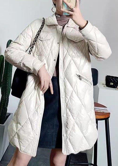 Beige Peter Pan Collar Pockets Patchwork Duck Down Coat Winter