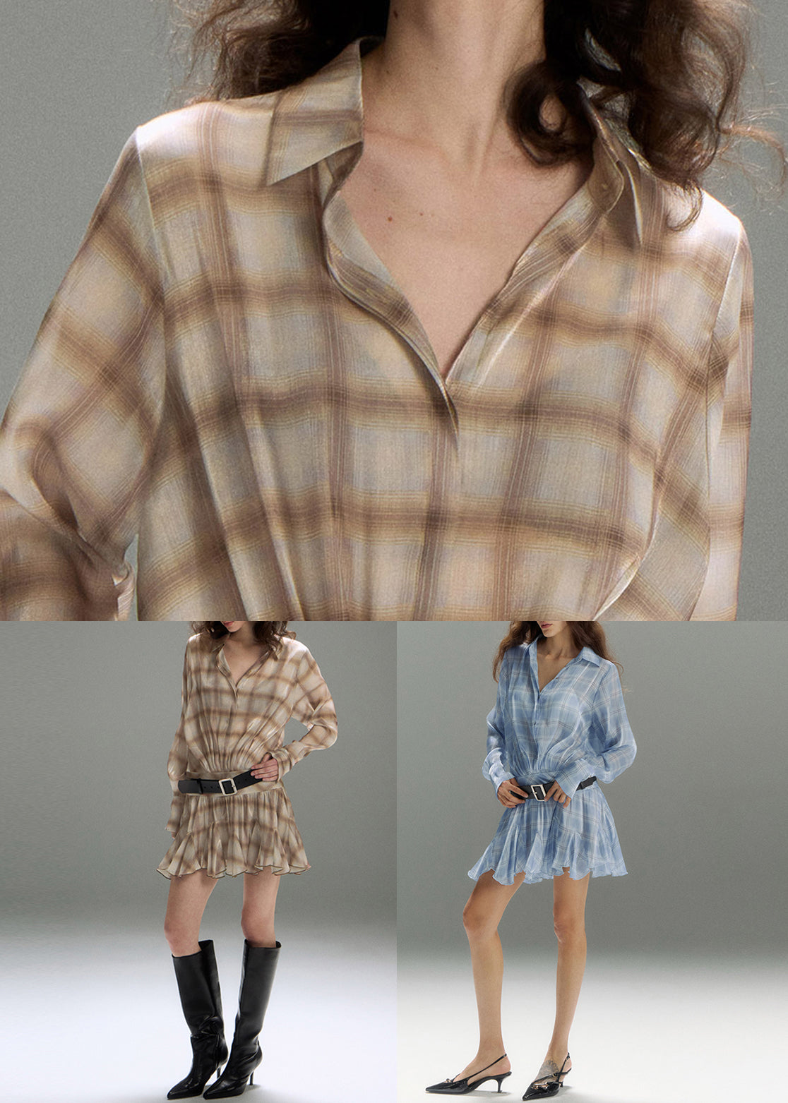 Blue Plaid Wrinkled Cotton Mini Dress Peter Pan Collar