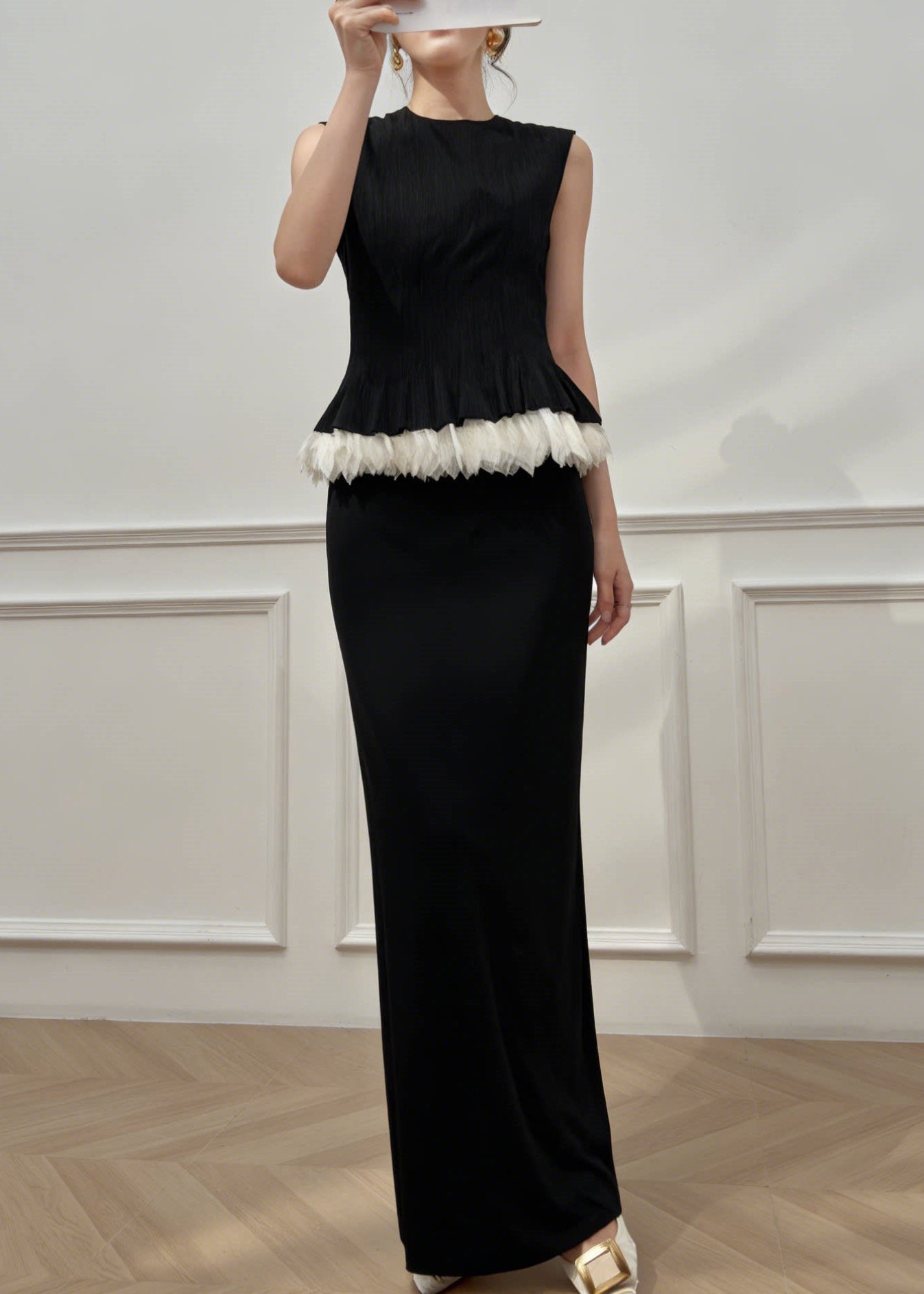 Black O-neck Patchwork Top and Maxi Skirts Two Pieces Set Summer