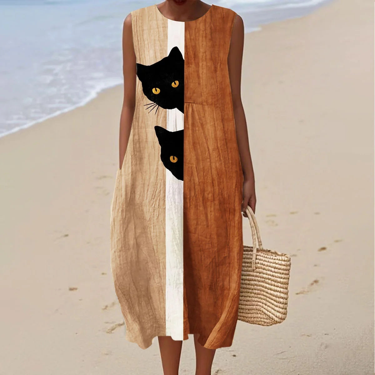 Women's Vintage Abstract Geometric Black Cat Art Linen Tank Midi Dress elevenforest