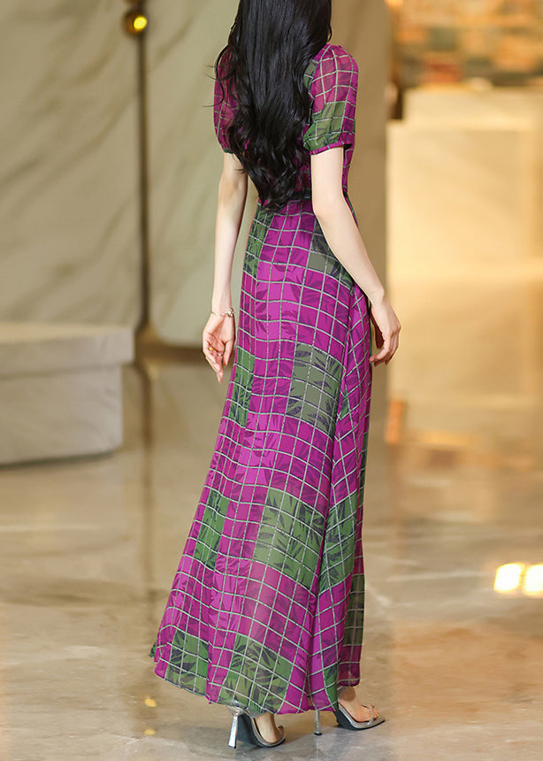 Rose O Neck Plaid Chiffon Maxi Dresses Summer
