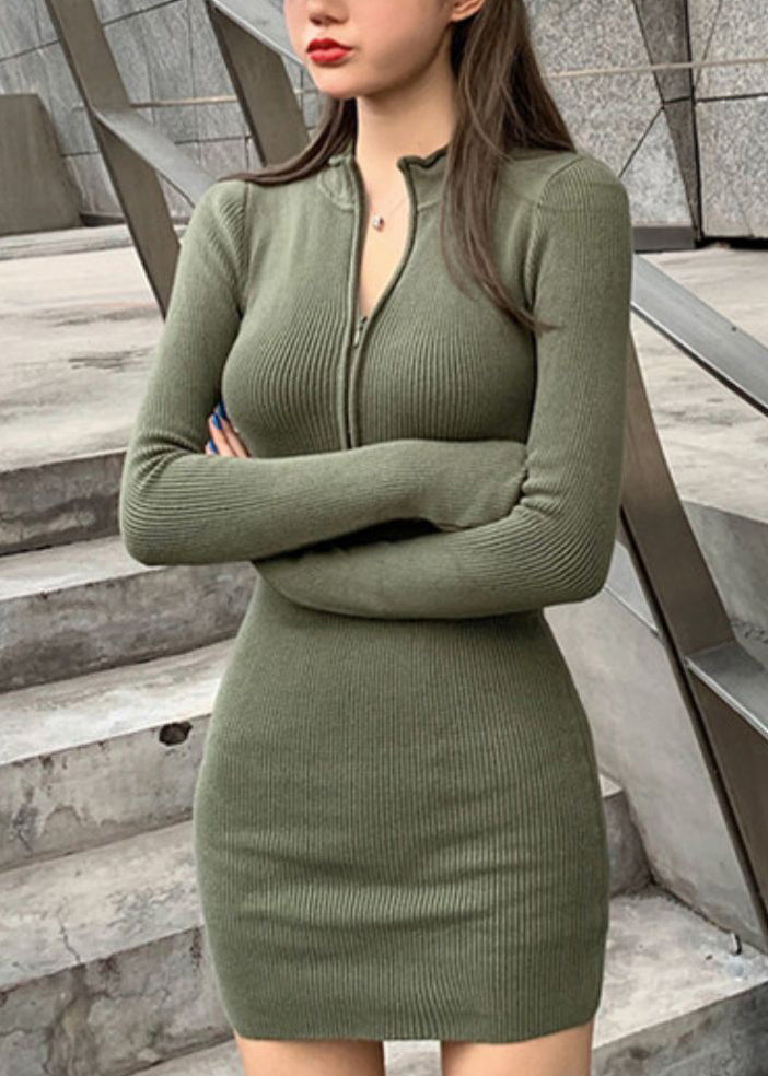 Army Green Knit Sweater Dress Zip Up Spring