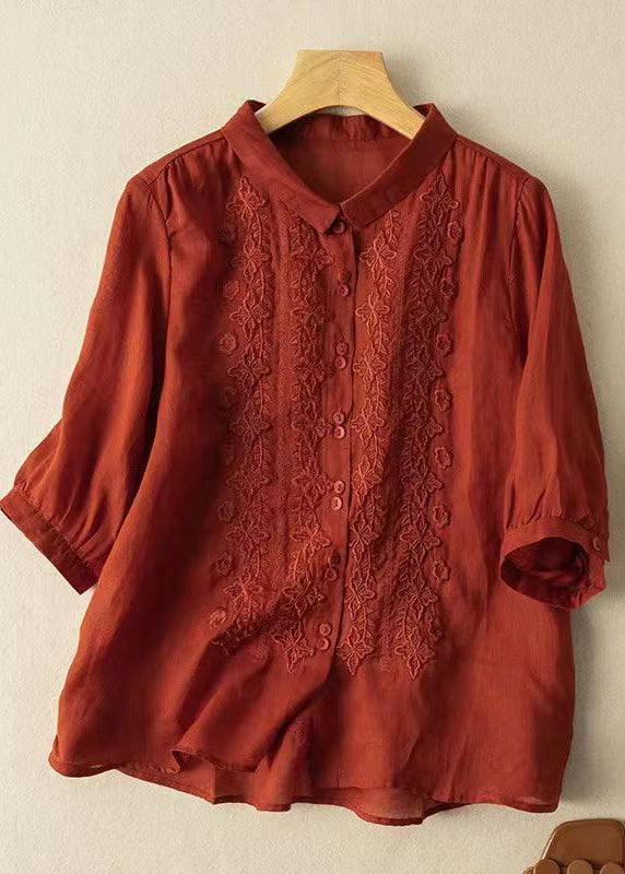 Green Peter Pan Collar Embroideried Button Shirt Half Sleeve