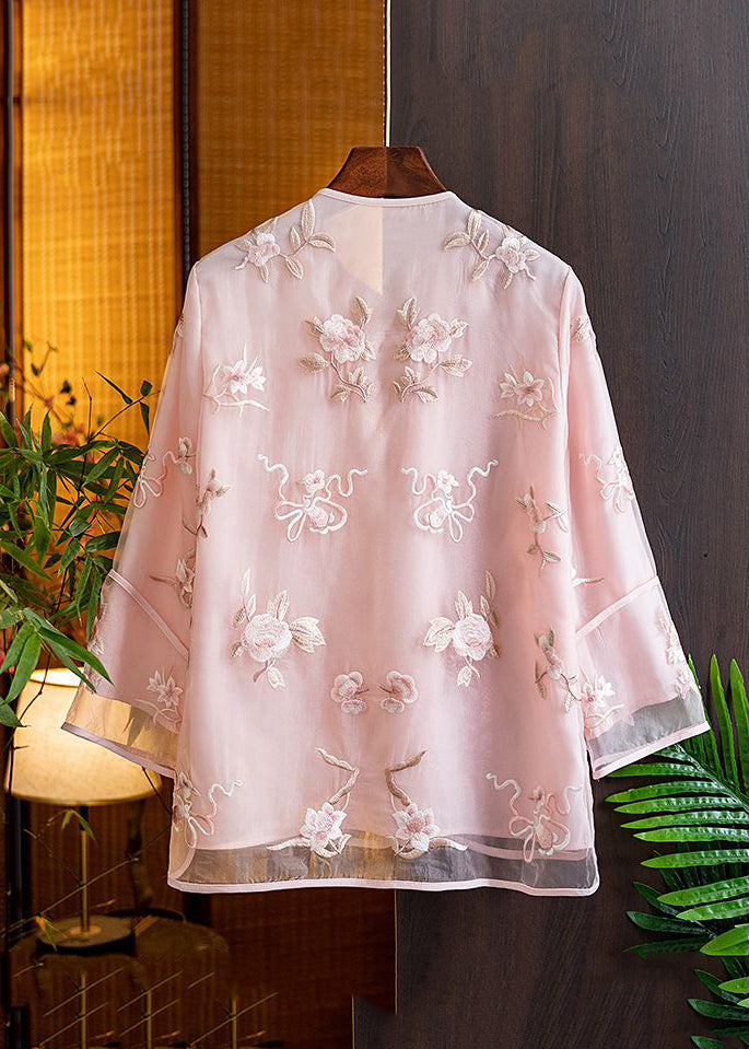 Natural Pink V Neck Embroidered Tulle Shirts Spring