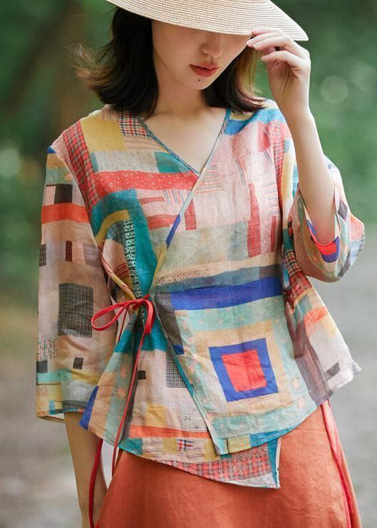 Colorblock Tie Waist Asymmetrical Design V Neck Print Blouse Tops Spring