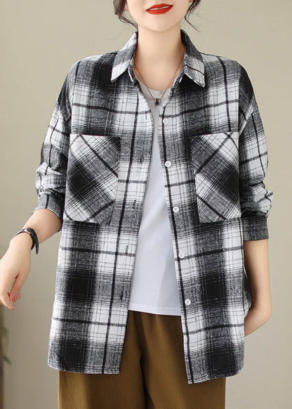 Black Pockets Plaid Cotton Shirts Coat Peter Pan Collar Fall