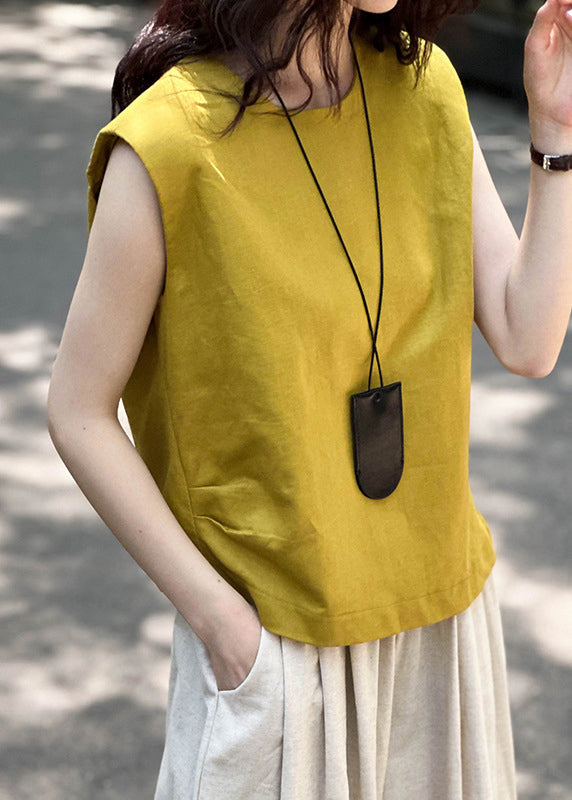 Simple Yellow O Neck Linen Top Sleeveless