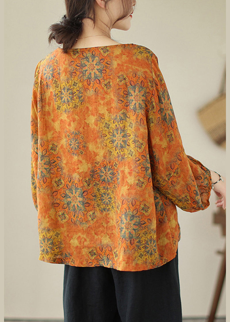 Lus Size Orange Oversized Print Cotton Shirt Tops Lantern Sleeve
