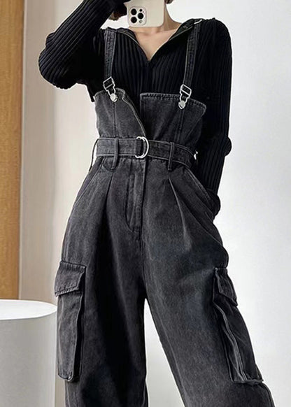 Black Tunic Pockets Denim Overalls Jumpsuit Summer