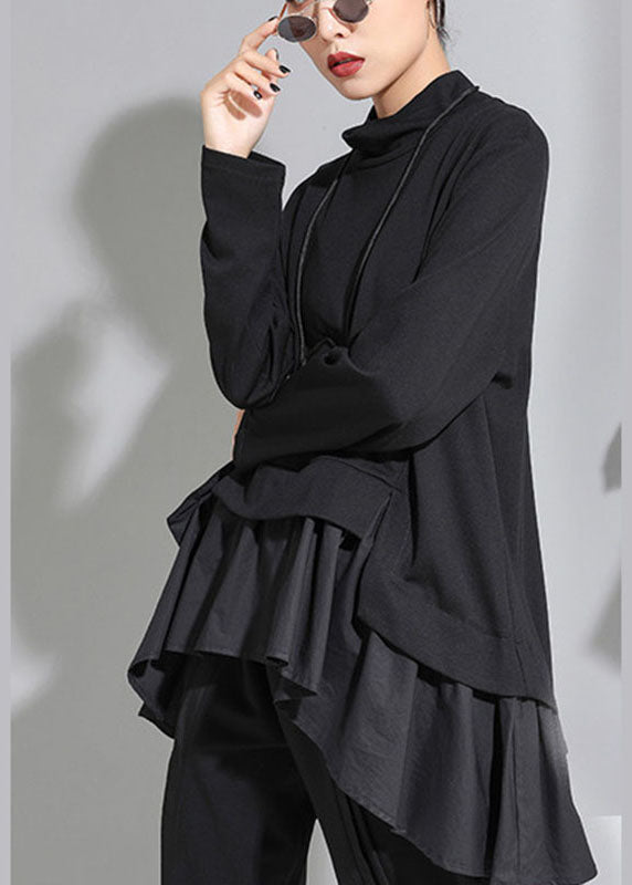 Black Asymmetrical Patchwork Ruffles Fall Top Long Sleeve