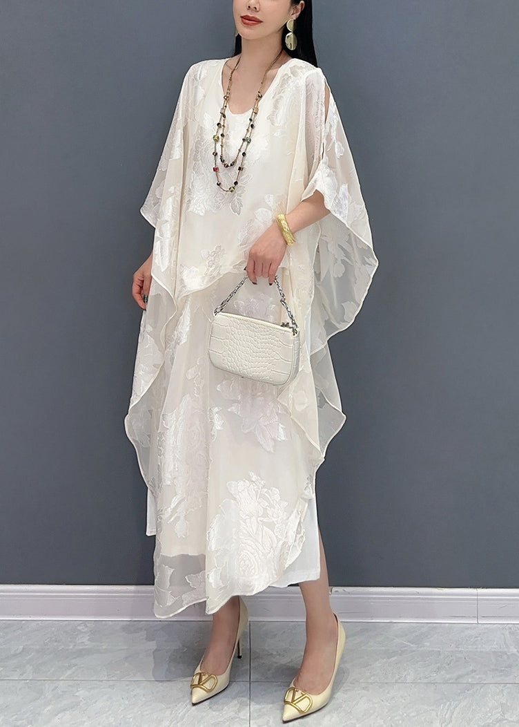 Jacquard White O-neck Silk Long Dress Summer