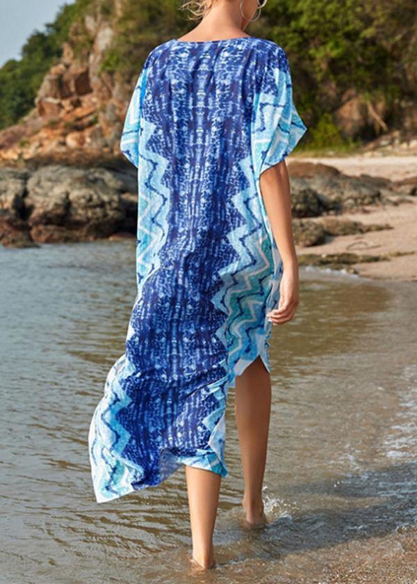 Handmade Blue Print V Neck Beach Gown Summer Maxi Dresses