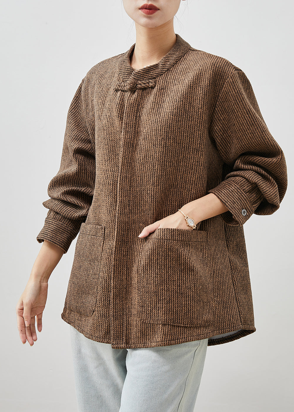 Brown Chinese Button Pockets Cotton Coats Spring