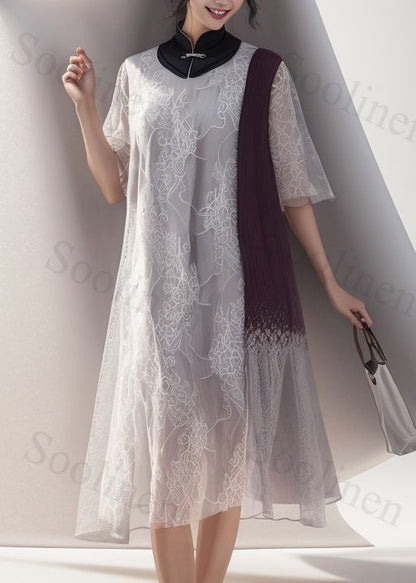 Chinese Style Colorblock Stand Collar Silk Dress Summer
