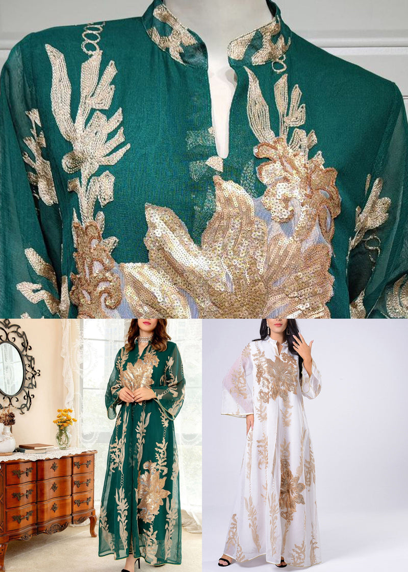 Green Embroideried Sequins Tulle Long Dress Fall