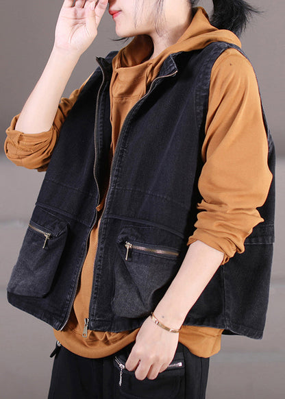 Diy Black Stand Collar Drawstring Patchwork Zippered Denim Coat Fall