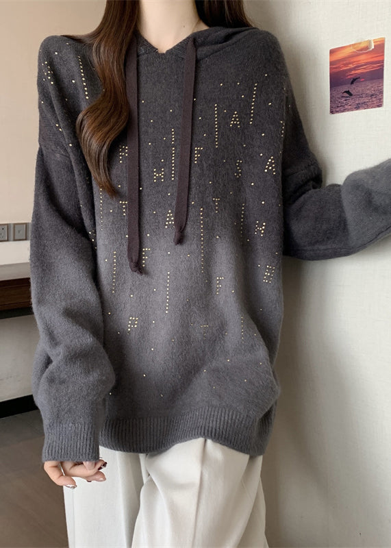 Grey Hooded Tie Dye Knit Pullover Sweatshirt Fall