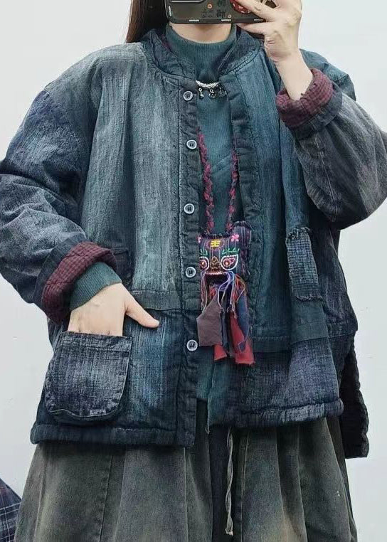 Blue Stand Collar Pockets Patchwork Fine Cotton Filled Jackets Winter
