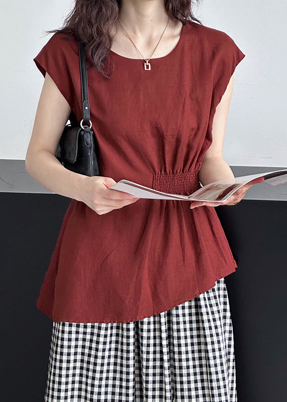 Red O Neck Cotton Tops Summer