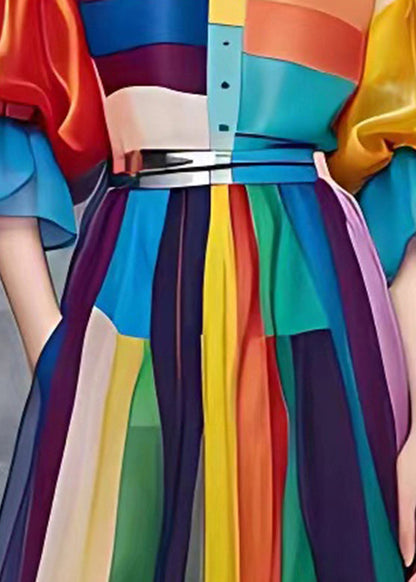 Rainbow Tie Waist Vacation Chiffon Long Dresses Summer