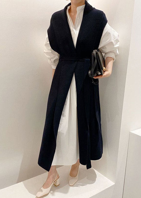 Classy Navy Oversized Original Design Knit Vest and Shirt Two Piece Set Outfits Spring
