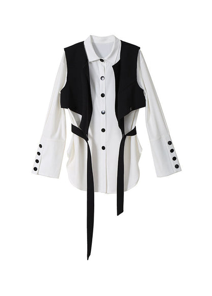 Loose Black Peter Pan Collar Button Shirt Vest Two Piece Suit Set Spring