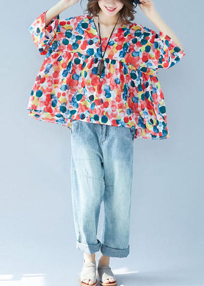 Red V Neck Dot Print Patchwork Wrinkled Chiffon Blouses Short Sleeve