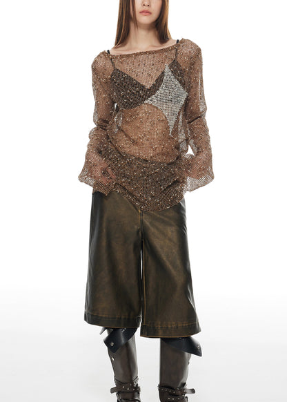 Brown Slash Neck Hollow Out Tulle T Shirt Long Sleeve