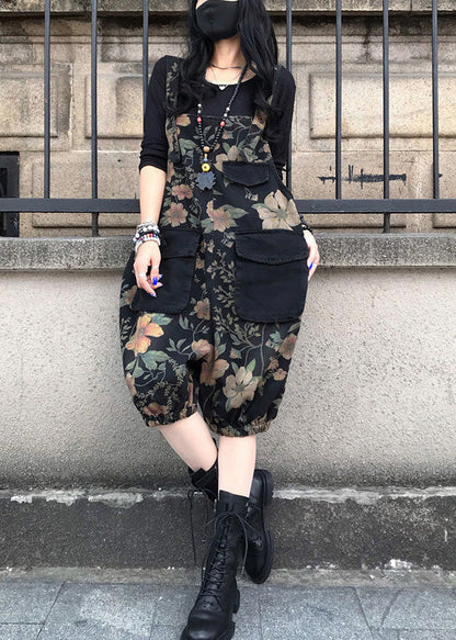 Slash Neck Print Patchwork Button Denim Jumpsuit Spring