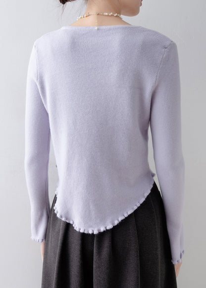 French Purple Ruffled Slim Fit Knitted Tops Spring