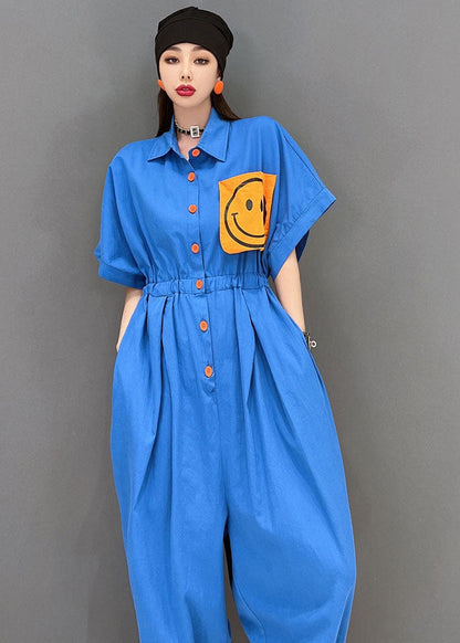 Blue Turn-down Collar Drawstring Smile Applique Button Cotton Overalls Jumpsuit Short Sleeve