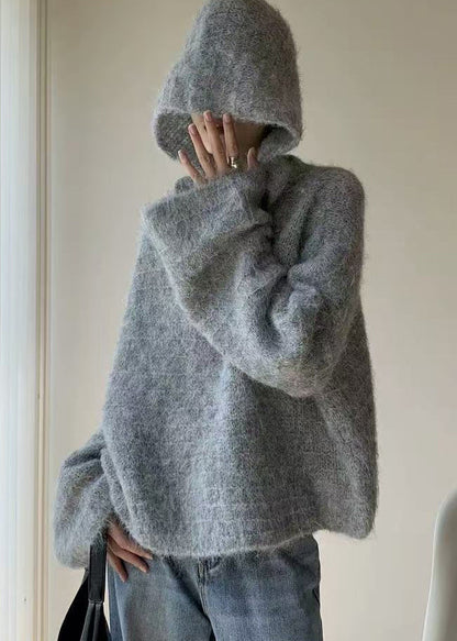 Cozy Grey V Neck Hooded Knit Shirts Spring
