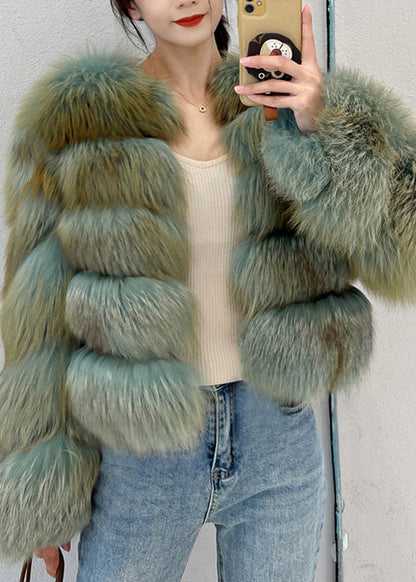 Green Patchwork Leather and Fur Coat Long Sleeve