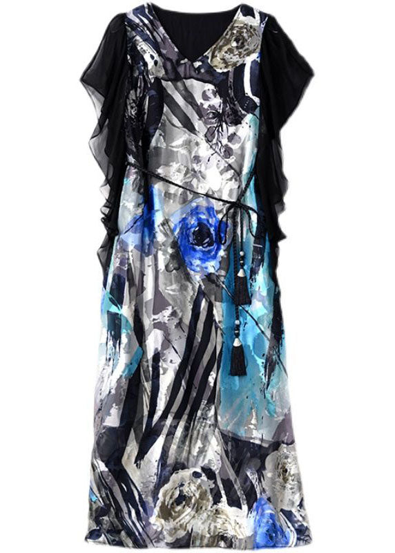 Blue V Neck Patchwork Print Silk Dress Summer