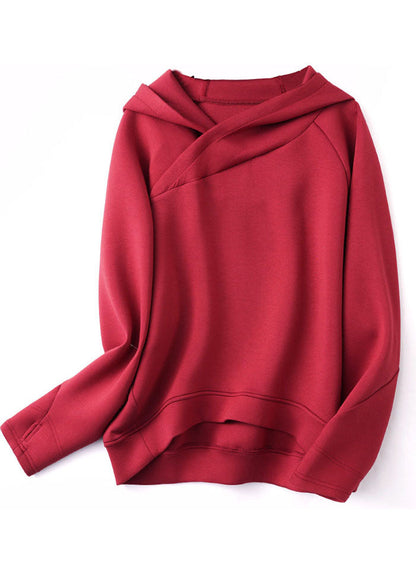 Red Asymmetrical Hooded Color Cotton Sweatshirts Top Fall