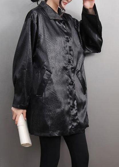 Simple Black Button Silk Shirt Spring
