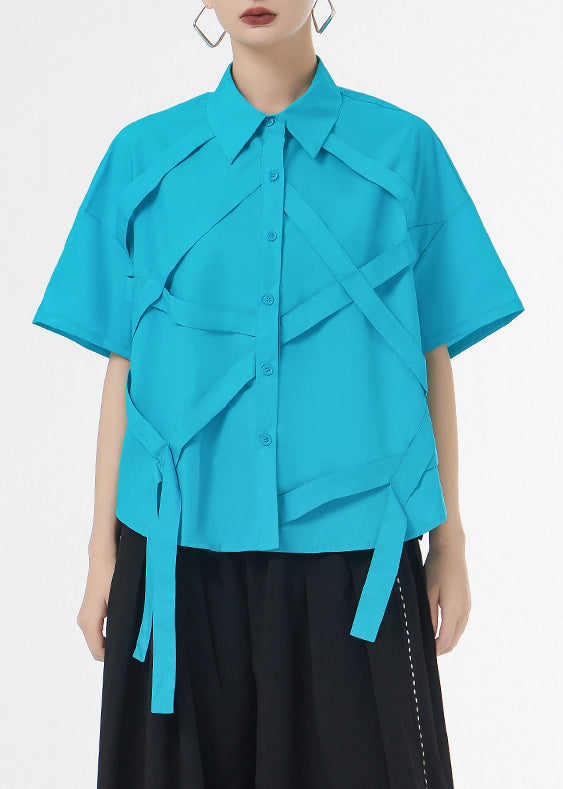 Royal Blue Tasseled Button Patchwork Cotton Shirts Summer