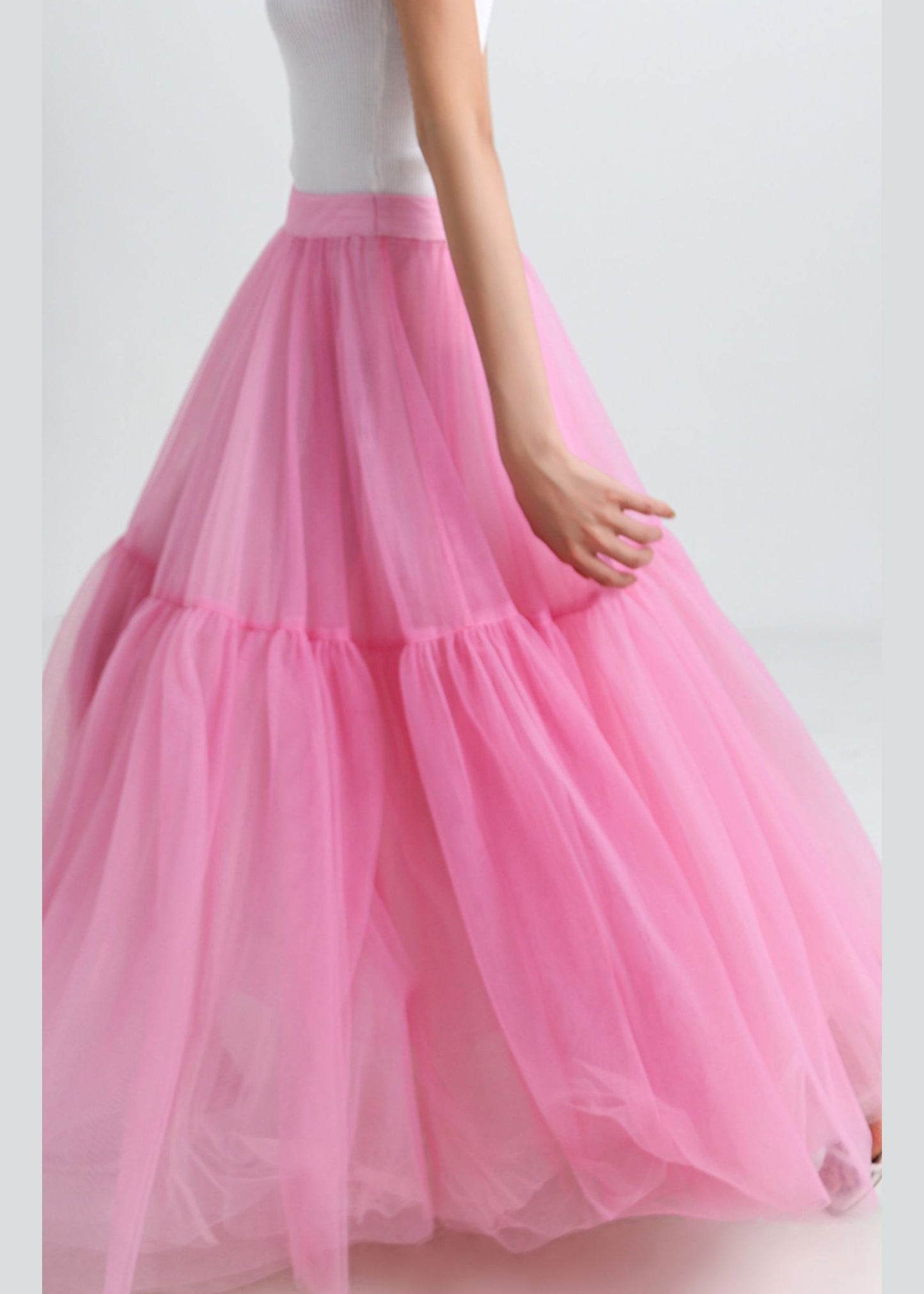 Pink High Waist Patchwork Tulle Pleated Skirt Summer