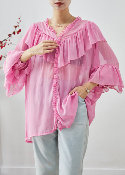 Pink Oversized Patchwork Ruffles Chiffon Top Fall