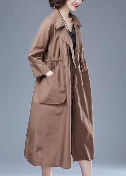 Khaki Pockets Drawstring Patchwork Cotton Long Trench Coat Bracelet Sleeve