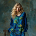 Women's Vintage Lotus Floral Landscape Art Embroidery V-neck T-shirt artswardrobe