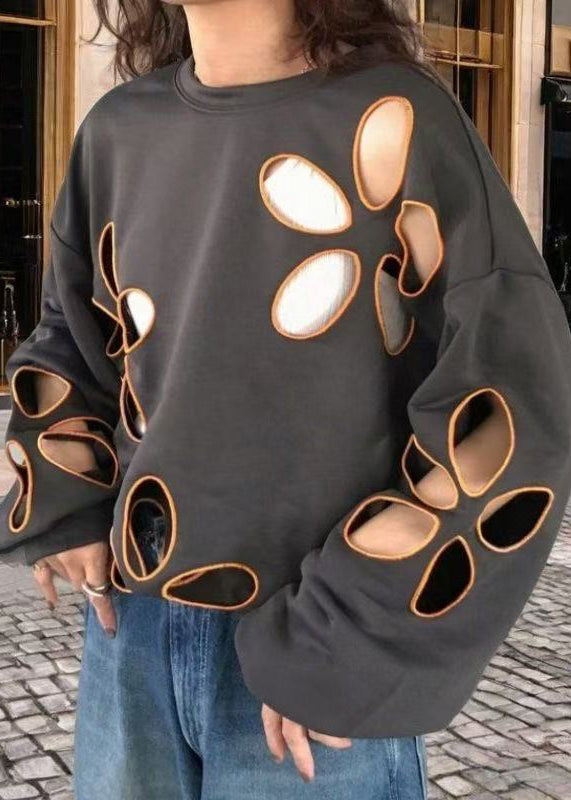 Grey Oversized Hollow Out Cotton Pullover Spring