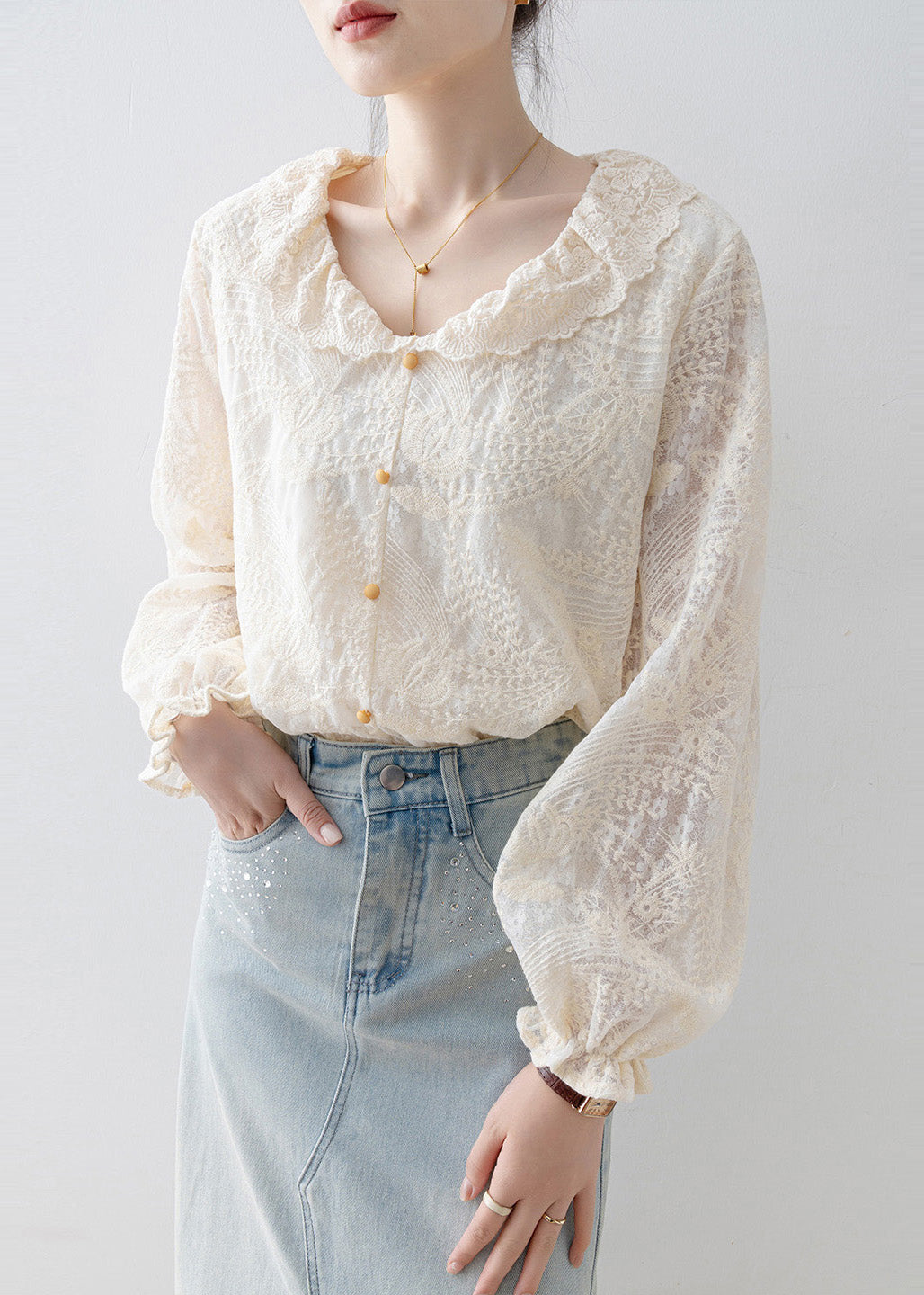 Apricot Embroidered Lace Shirt Tops Spring
