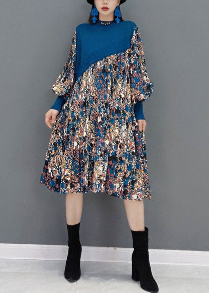 Boutique Blue O-neck Knit Patchwork Chiffon Holiday Dress Spring