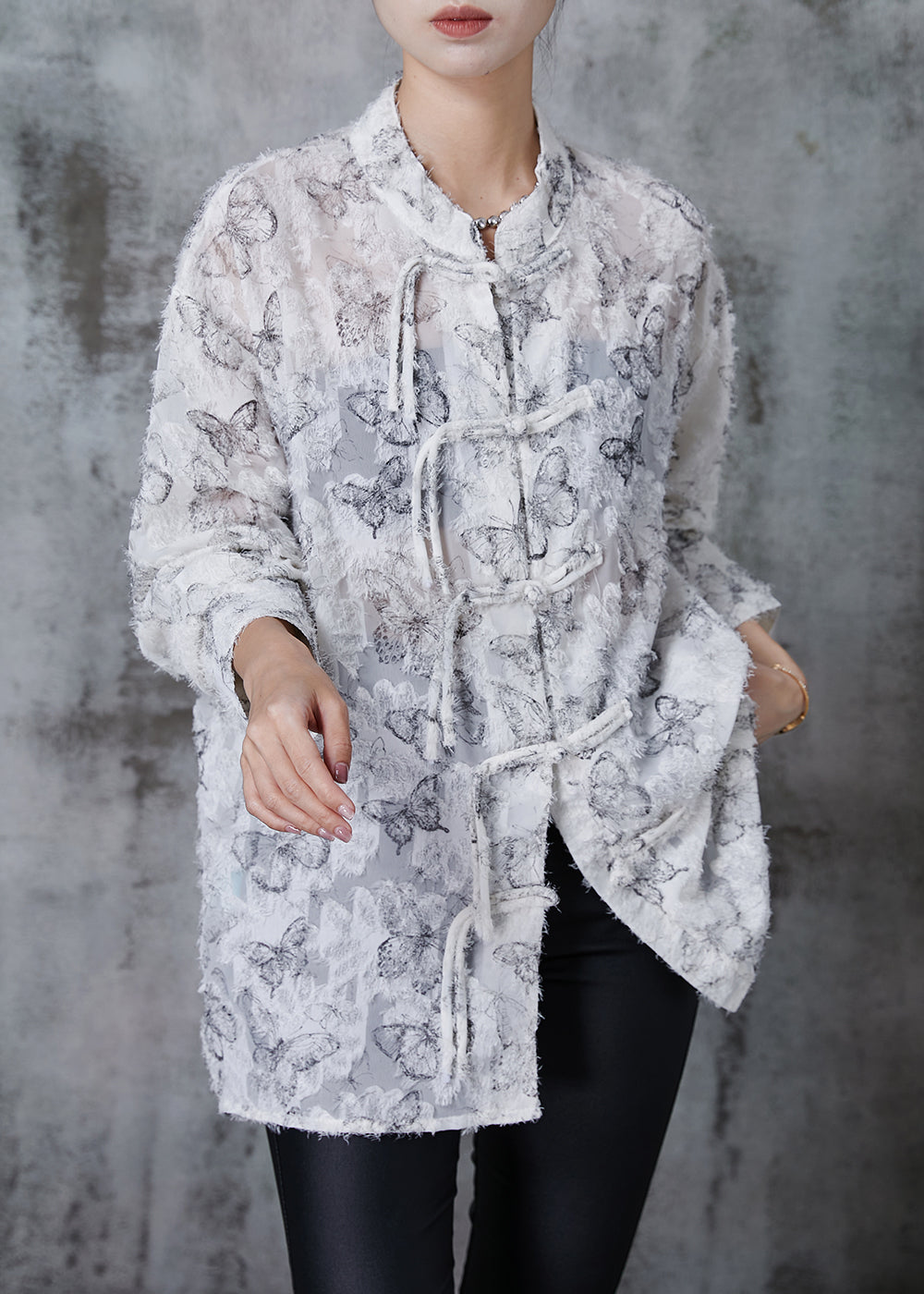 White Tasseled Butterfly Chiffon Shirt Fall