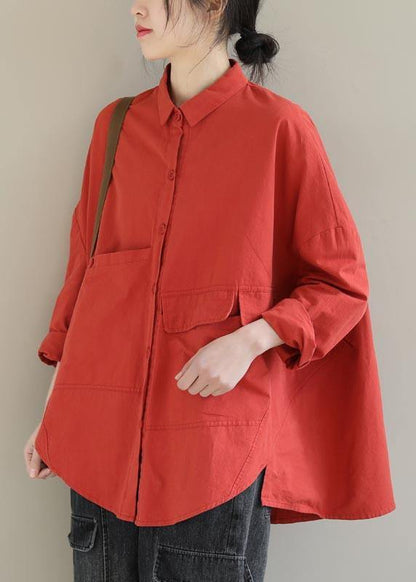 Red Blouse Lapel Asymmetric Short Shirt Top