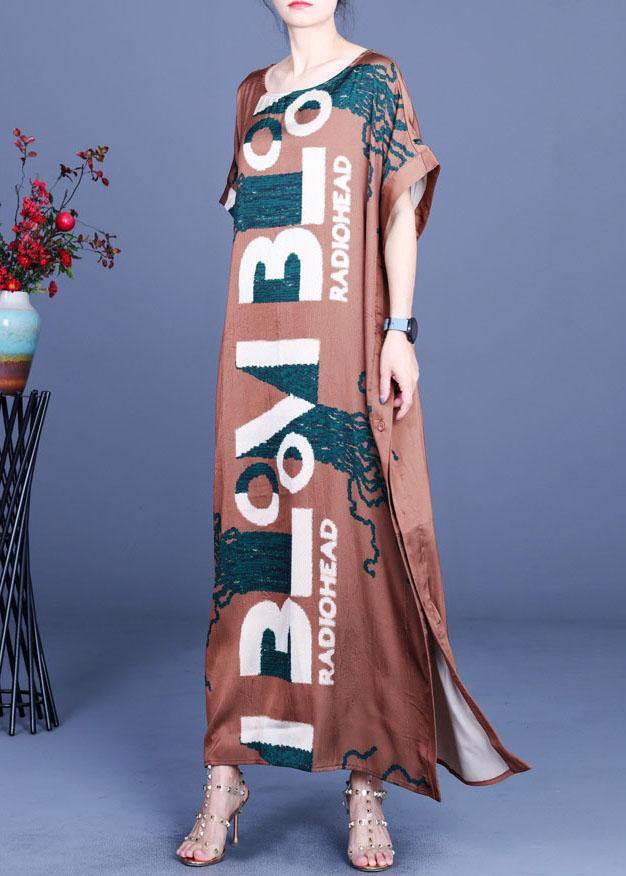 Fitted Chocolate Print Side Open Silk Summer Maxi Dresses